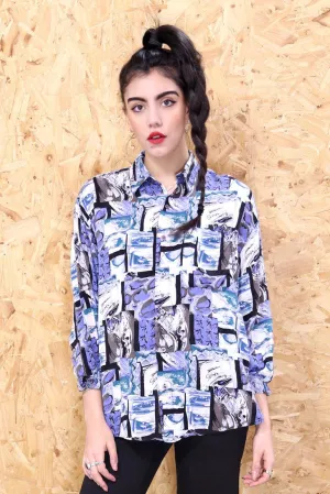 80's Abstract Blue Patterned Shirt