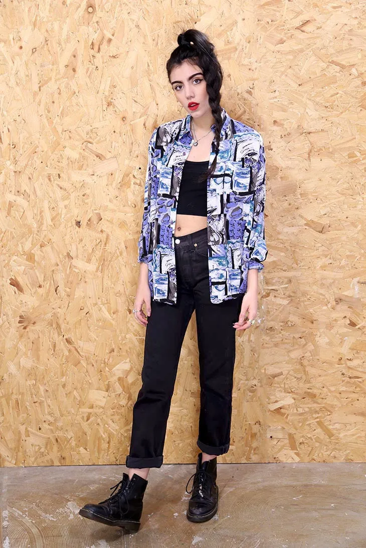 80's Abstract Blue Patterned Shirt