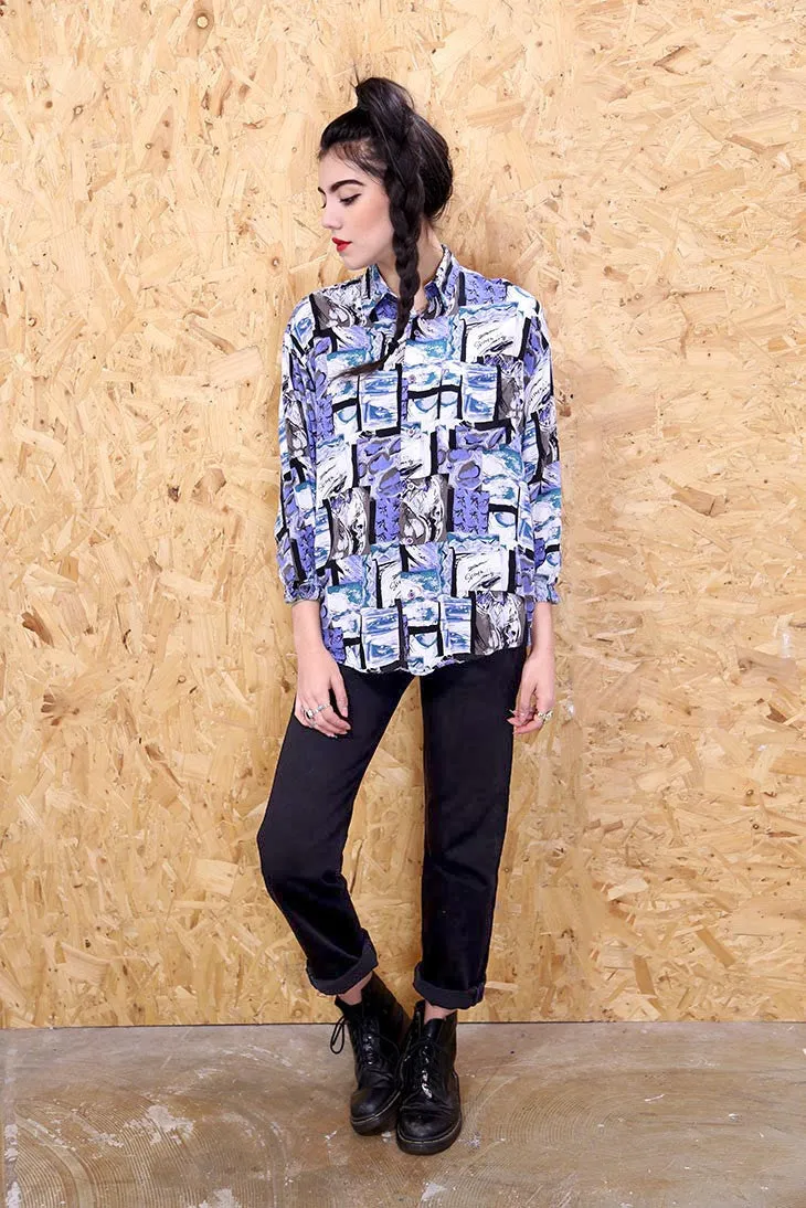 80's Abstract Blue Patterned Shirt