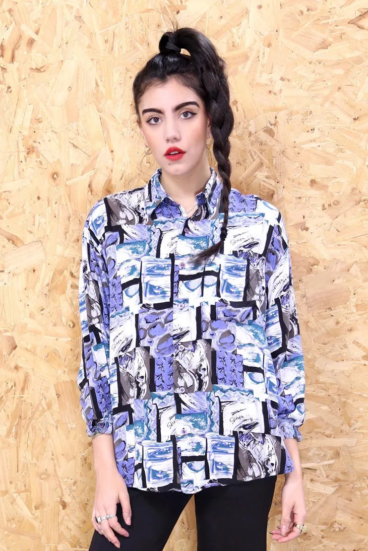80's Abstract Blue Patterned Shirt
