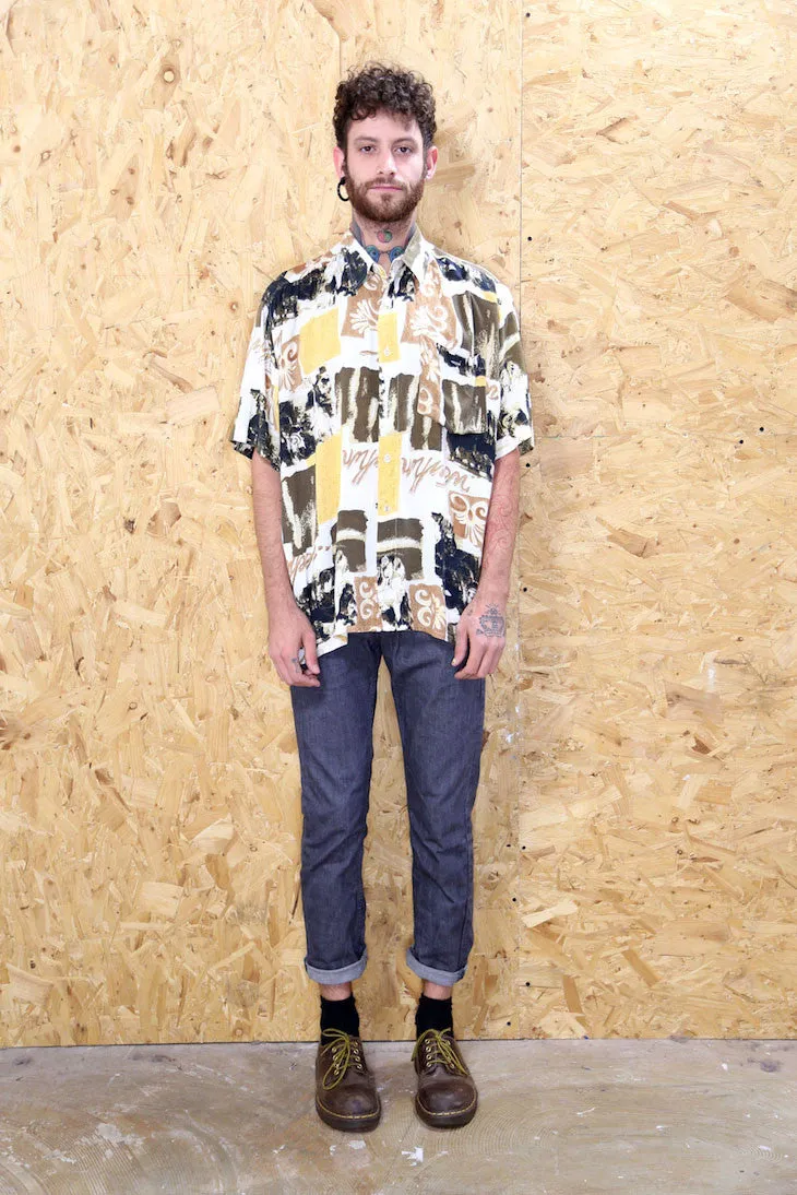 90s Short Sleeved Shirt in White, Yellow and Brown Pattern
