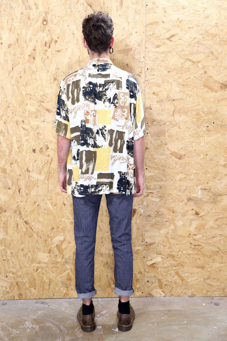 90s Short Sleeved Shirt in White, Yellow and Brown Pattern