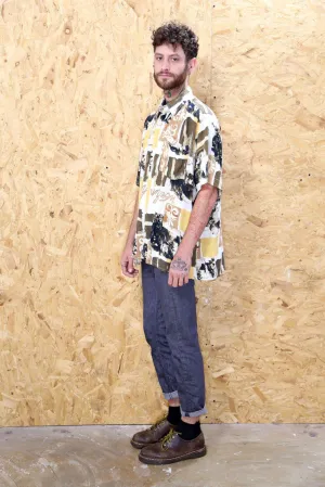 90s Short Sleeved Shirt in White, Yellow and Brown Pattern
