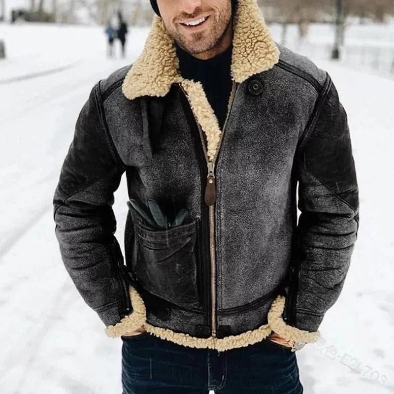 Akivide Men's Fleece Sherpa Lined Jackets Winter Warm Suede Casual Lapel Full Zip Bomber Coat Outerwear with Pockets