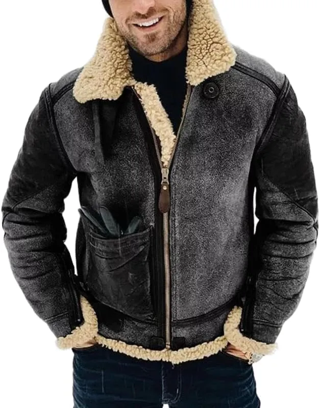 Akivide Men's Fleece Sherpa Lined Jackets Winter Warm Suede Casual Lapel Full Zip Bomber Coat Outerwear with Pockets