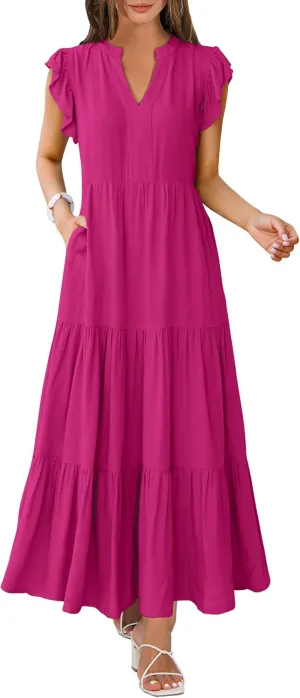ANRABESS Womens Summer Casual Maxi Dress V Neck Ruffle Sleeve Long Dresses Fashion Flowy Tiered Boho Beach Vacation Sundress