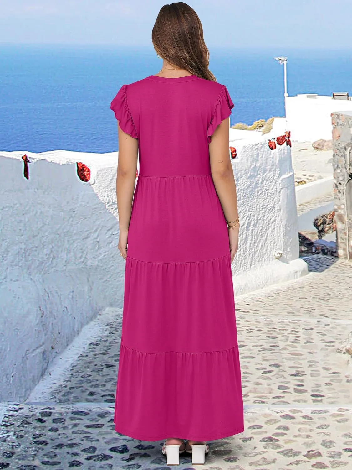 ANRABESS Womens Summer Casual Maxi Dress V Neck Ruffle Sleeve Long Dresses Fashion Flowy Tiered Boho Beach Vacation Sundress