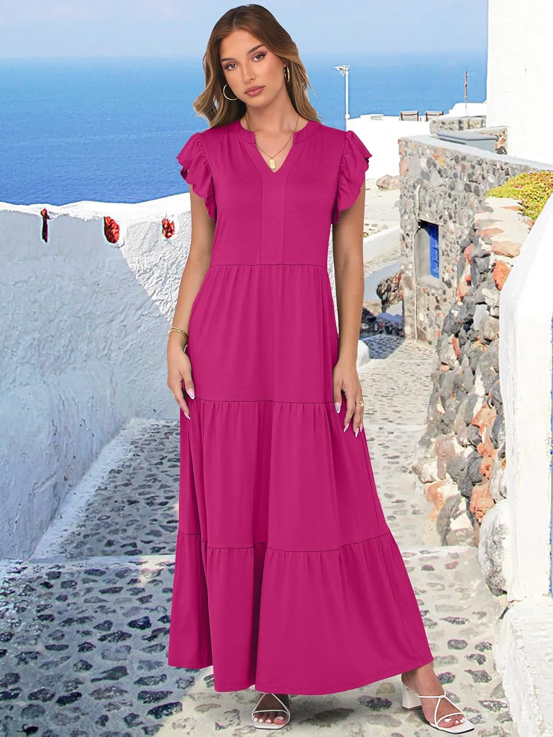ANRABESS Womens Summer Casual Maxi Dress V Neck Ruffle Sleeve Long Dresses Fashion Flowy Tiered Boho Beach Vacation Sundress