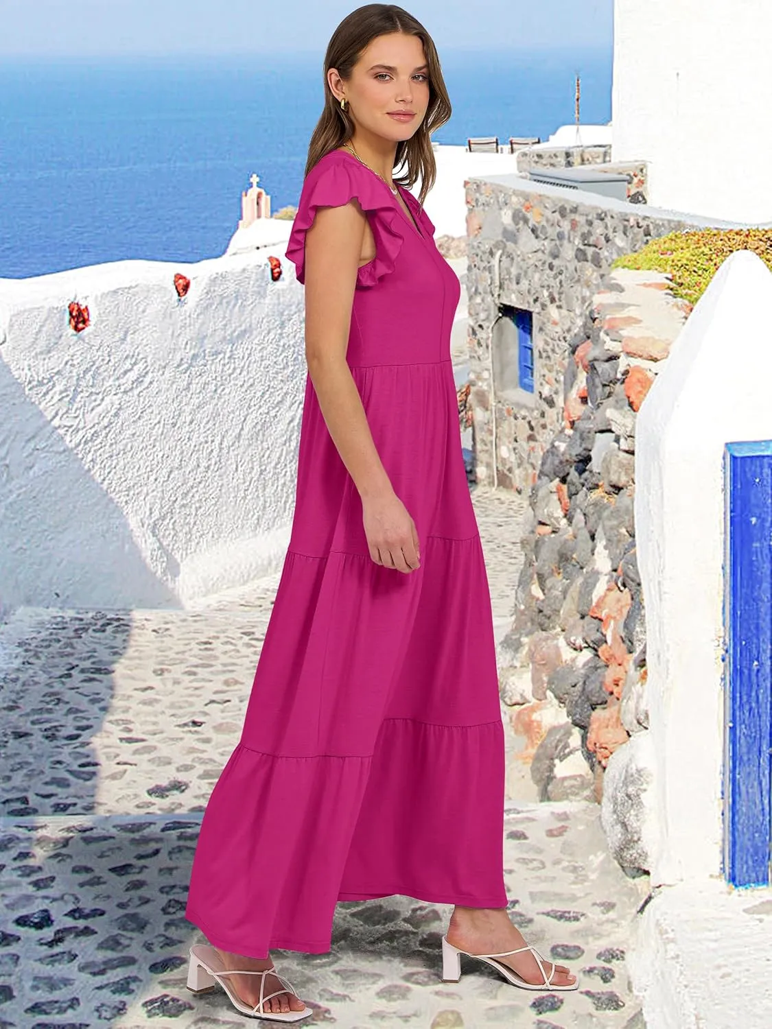 ANRABESS Womens Summer Casual Maxi Dress V Neck Ruffle Sleeve Long Dresses Fashion Flowy Tiered Boho Beach Vacation Sundress
