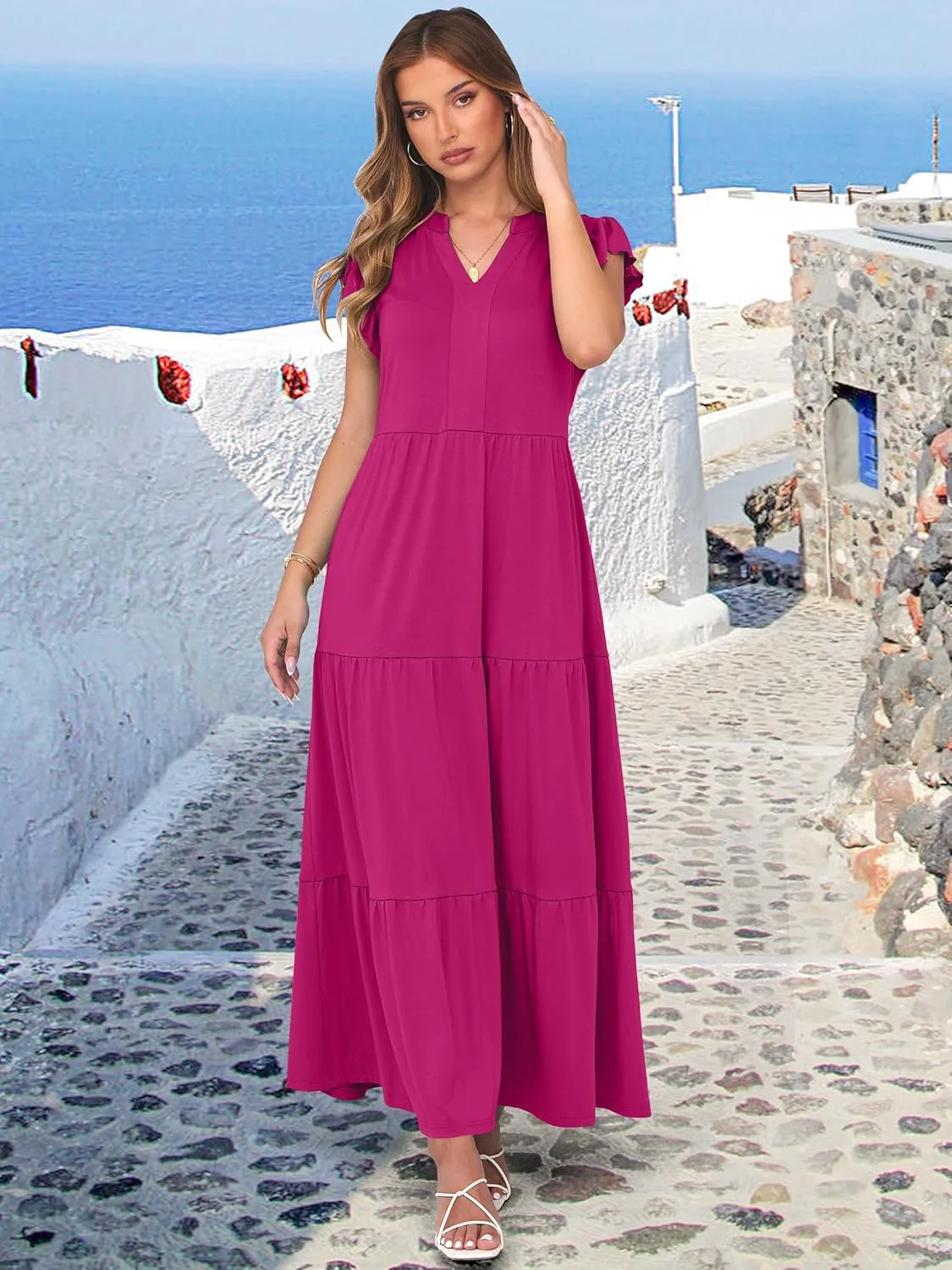 ANRABESS Womens Summer Casual Maxi Dress V Neck Ruffle Sleeve Long Dresses Fashion Flowy Tiered Boho Beach Vacation Sundress