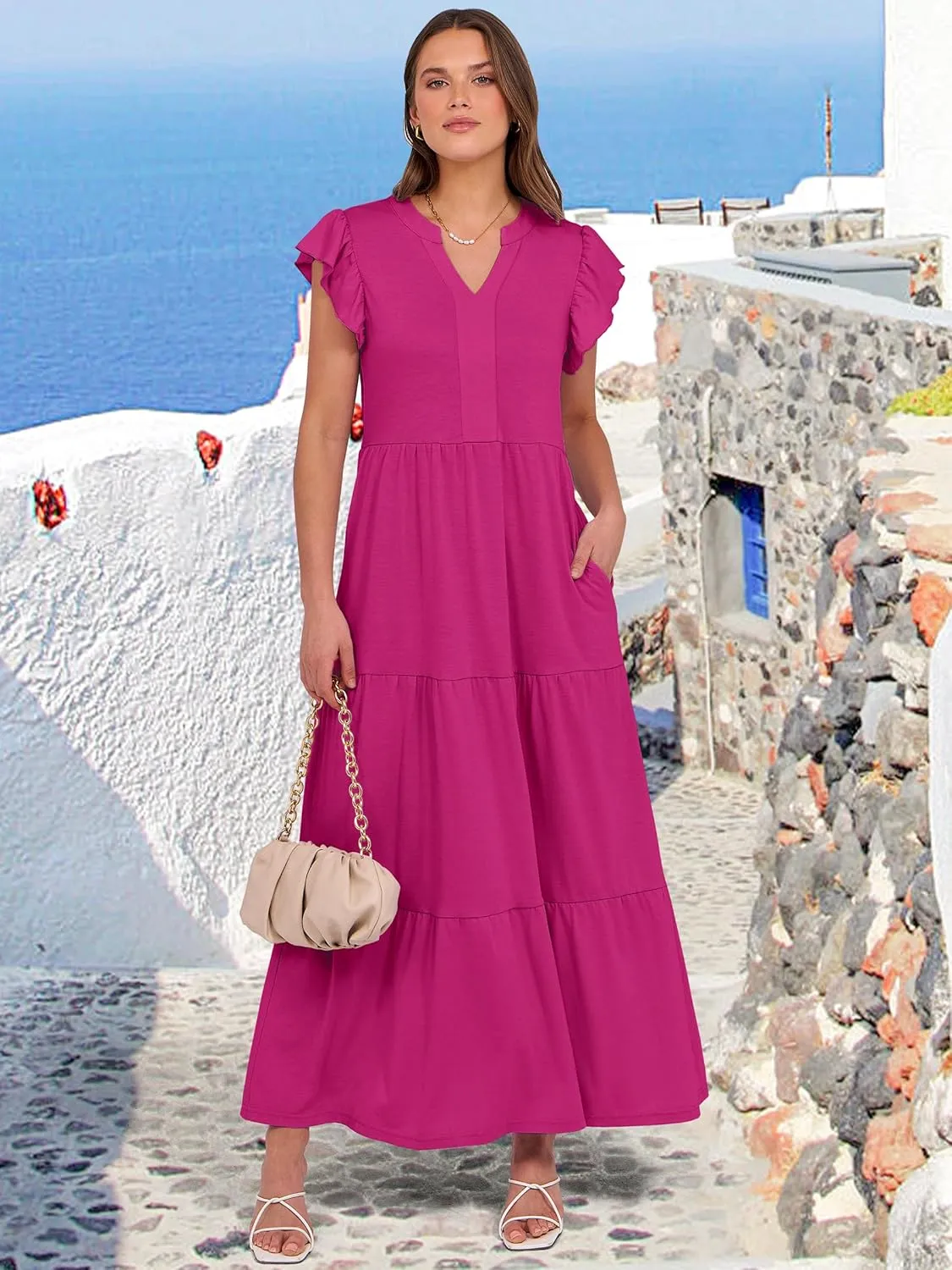ANRABESS Womens Summer Casual Maxi Dress V Neck Ruffle Sleeve Long Dresses Fashion Flowy Tiered Boho Beach Vacation Sundress