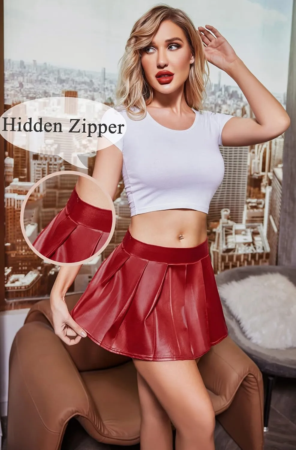 Avidlove Short Mini Skirts for Women Trendy High Waisted Faux Leather Pleated Solid Ruffle Skirt