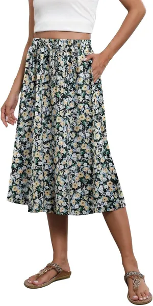 Beach Skirts for Women Drawstring Elastic Waist Summer Midi Skirt A Line Smocked Skirts Knee Length with Pockets