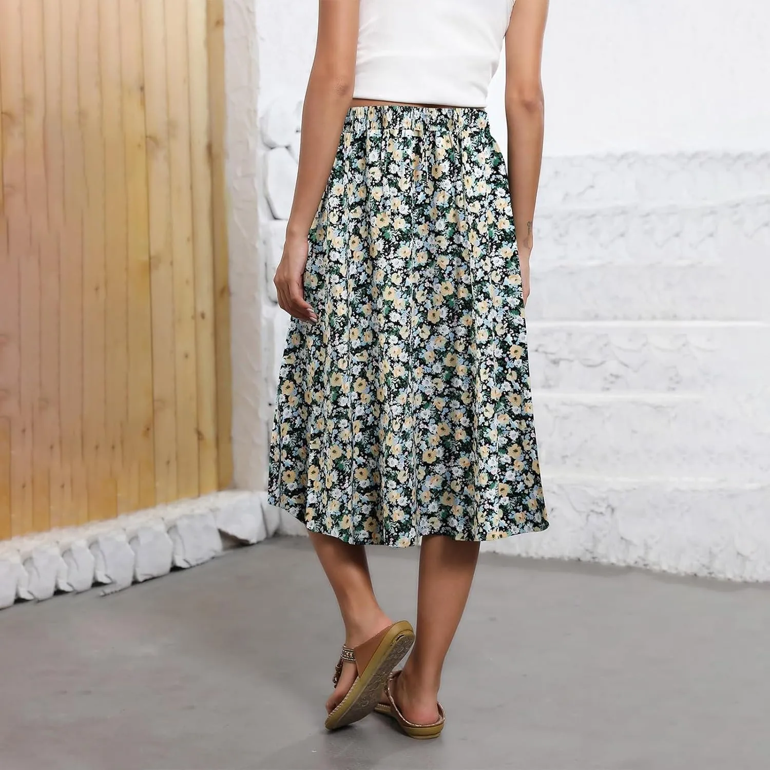 Beach Skirts for Women Drawstring Elastic Waist Summer Midi Skirt A Line Smocked Skirts Knee Length with Pockets