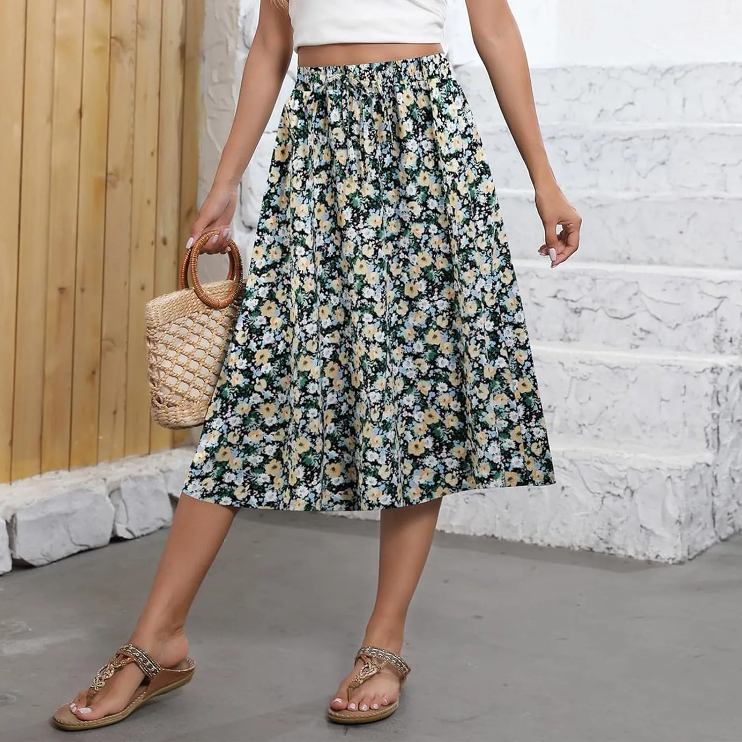 Beach Skirts for Women Drawstring Elastic Waist Summer Midi Skirt A Line Smocked Skirts Knee Length with Pockets