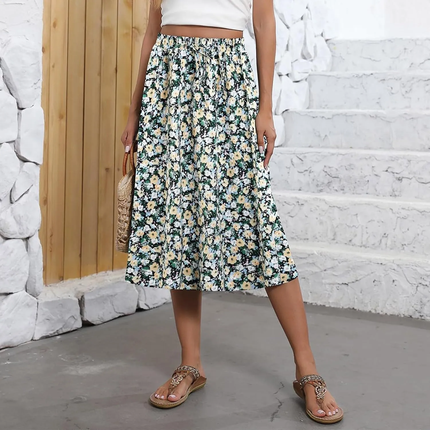Beach Skirts for Women Drawstring Elastic Waist Summer Midi Skirt A Line Smocked Skirts Knee Length with Pockets