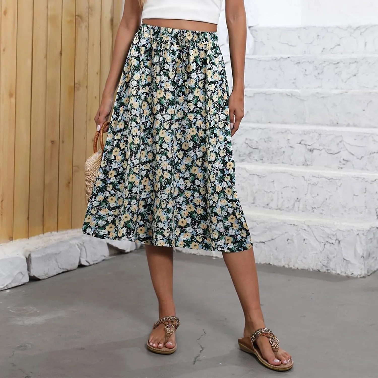 Beach Skirts for Women Drawstring Elastic Waist Summer Midi Skirt A Line Smocked Skirts Knee Length with Pockets