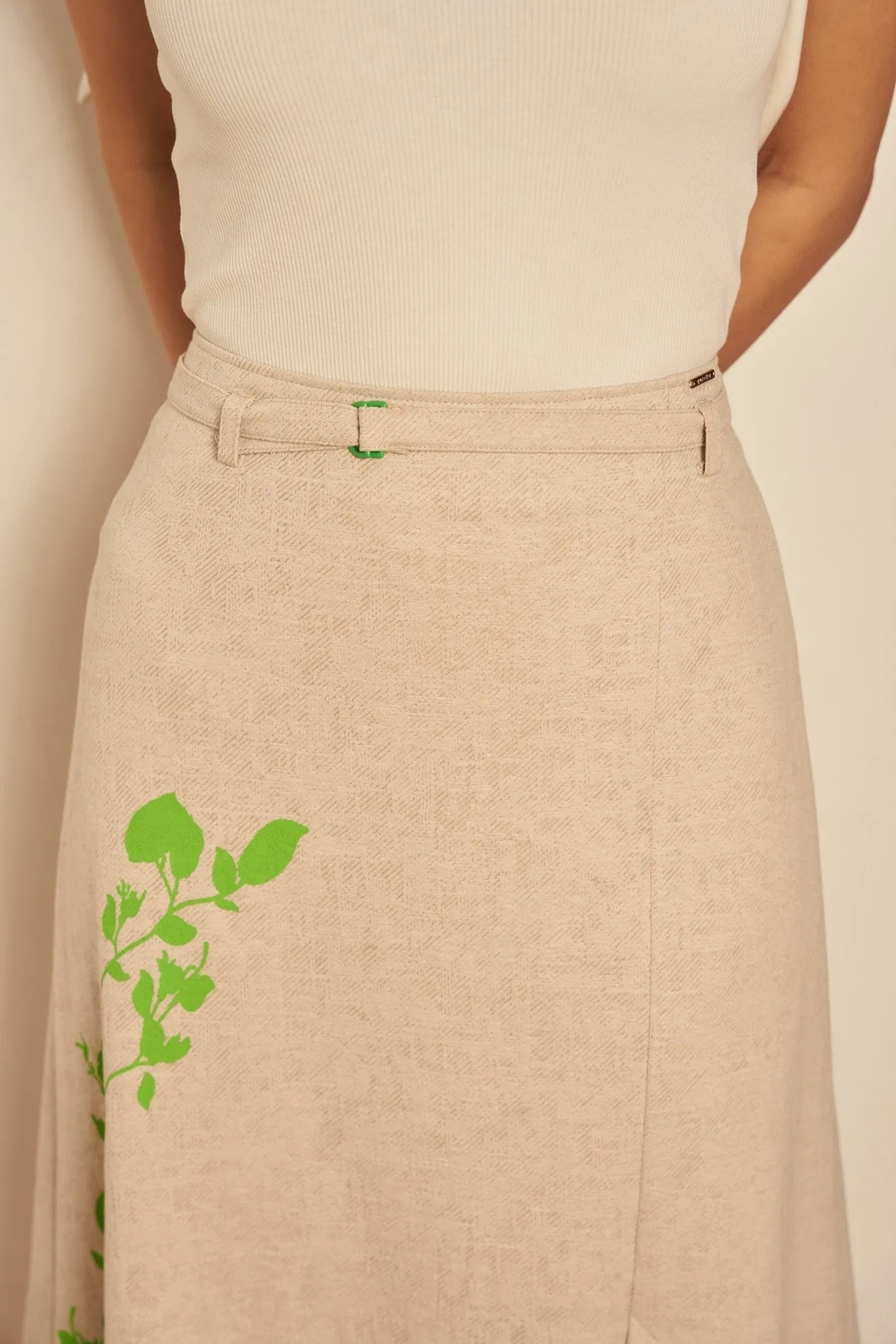 Belt-Detail Green Leaf-Embroidered, Slit Sporty Chic Stone Midi Skirt
