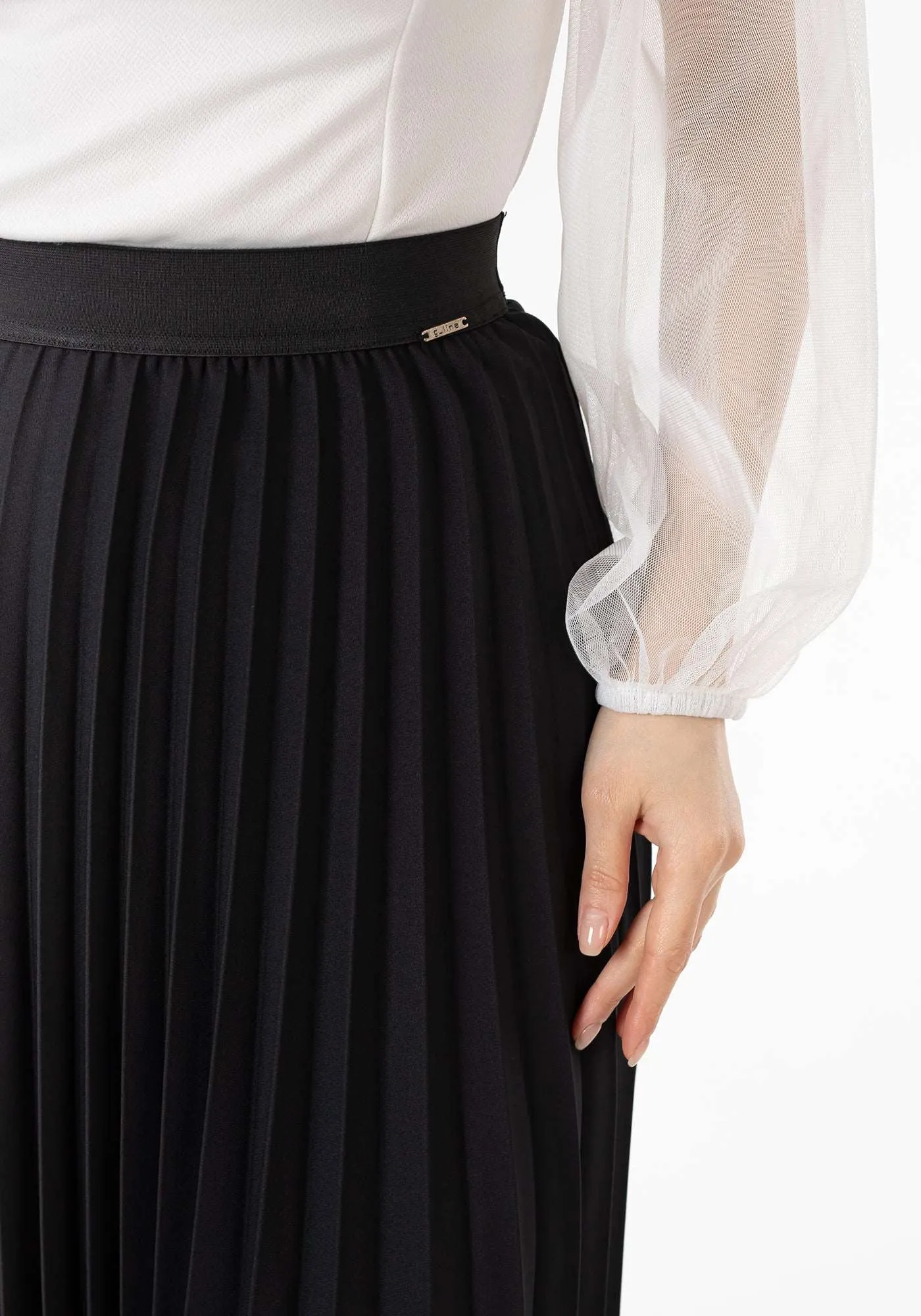 Black Pleated Maxi Skirt Elastic Waist Band Ankle Length Plisse Skirt - G-Line