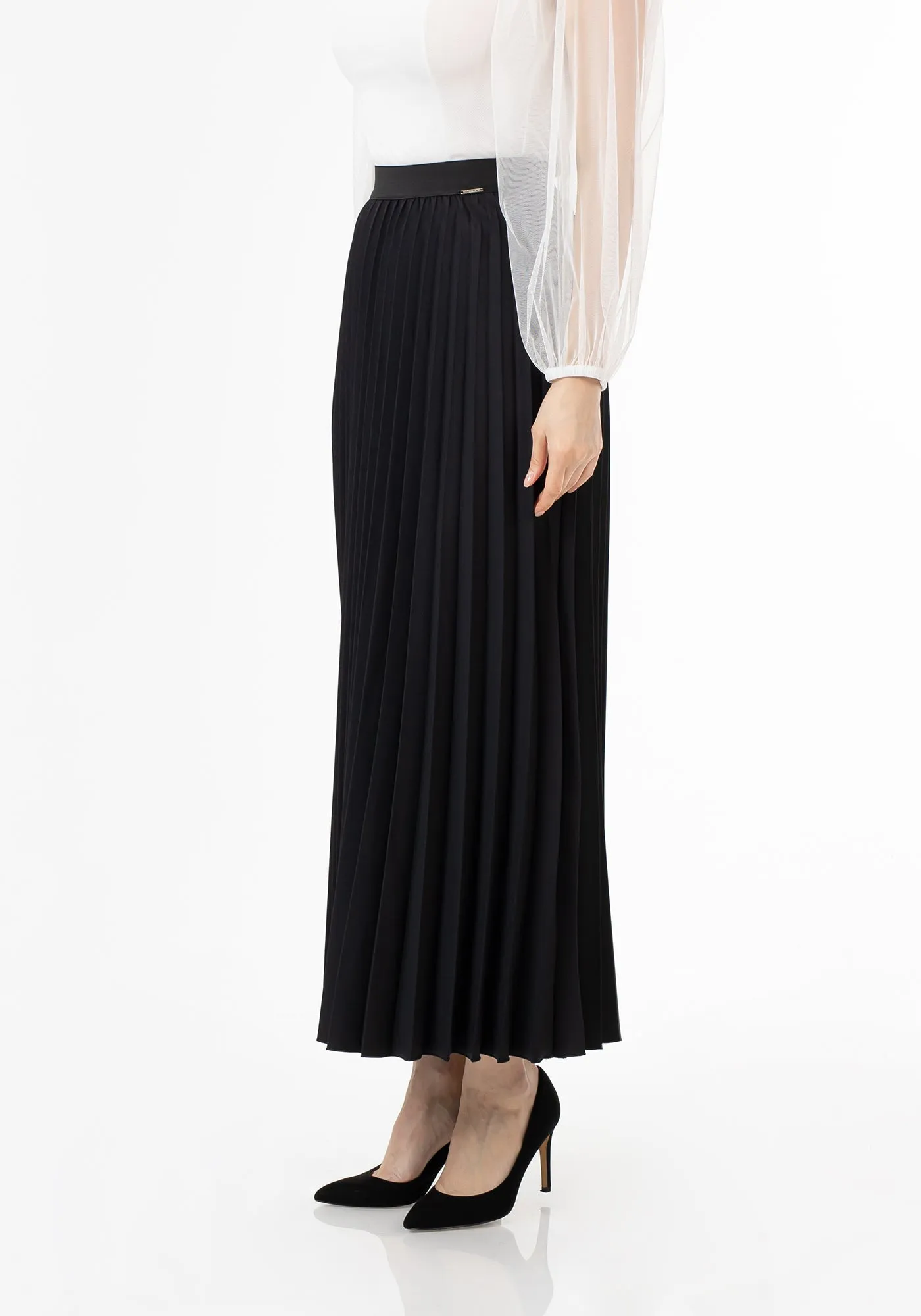Black Pleated Maxi Skirt Elastic Waist Band Ankle Length Plisse Skirt - G-Line
