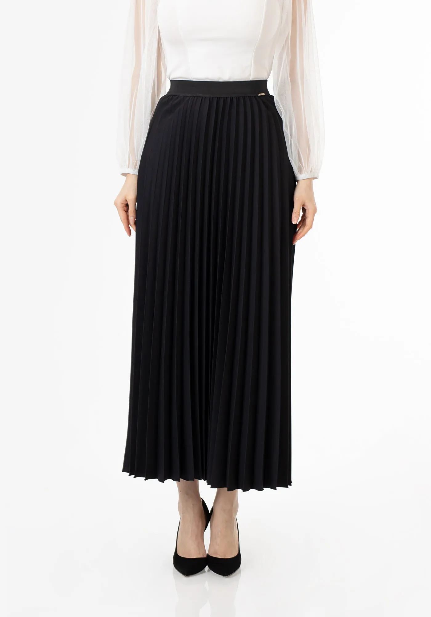 Black Pleated Maxi Skirt Elastic Waist Band Ankle Length Plisse Skirt - G-Line