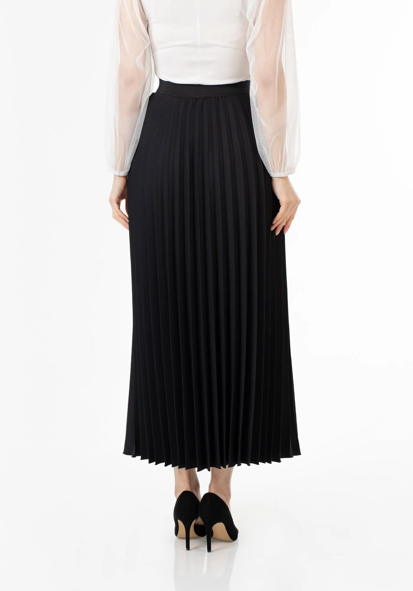 Black Pleated Maxi Skirt Elastic Waist Band Ankle Length Plisse Skirt - G-Line