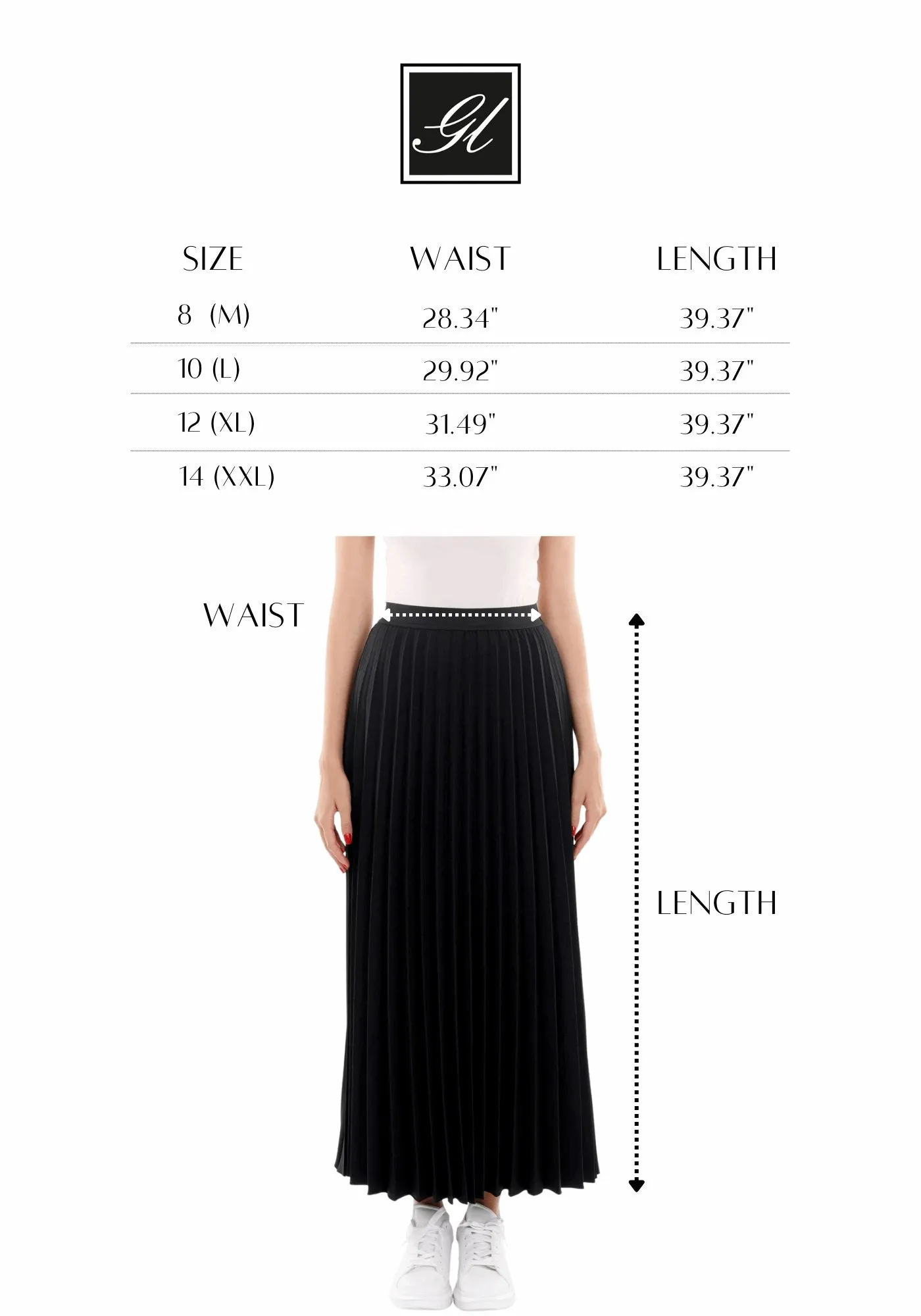 Black Pleated Maxi Skirt Elastic Waist Band Ankle Length Plisse Skirt - G-Line