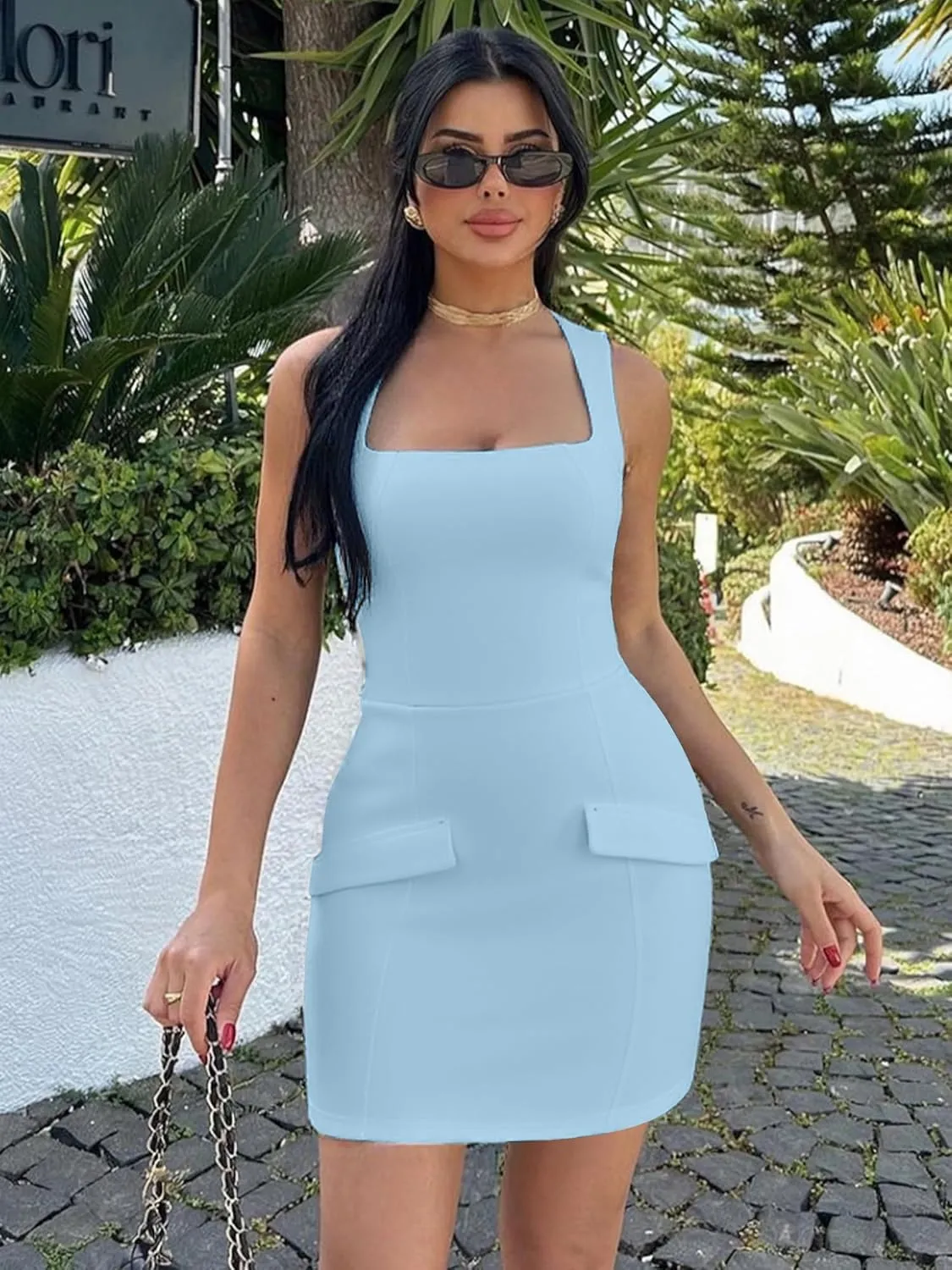 BORIFLORS Women's Sexy Bodycon Corset Mini A Line Dresses Sleeveless Square Neck Party Short Dress