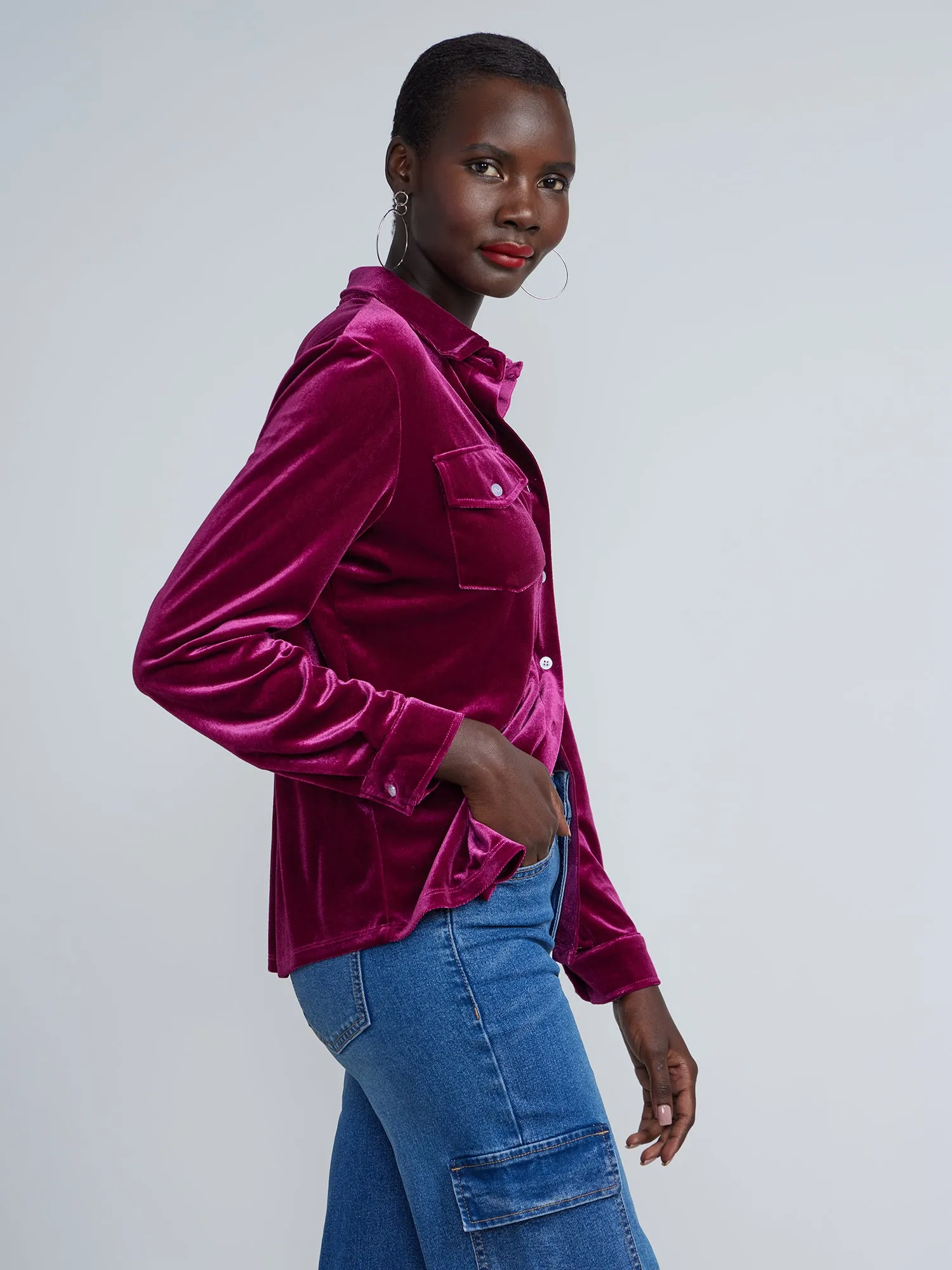 Button-Front Full Sleeve Velvet Shirt