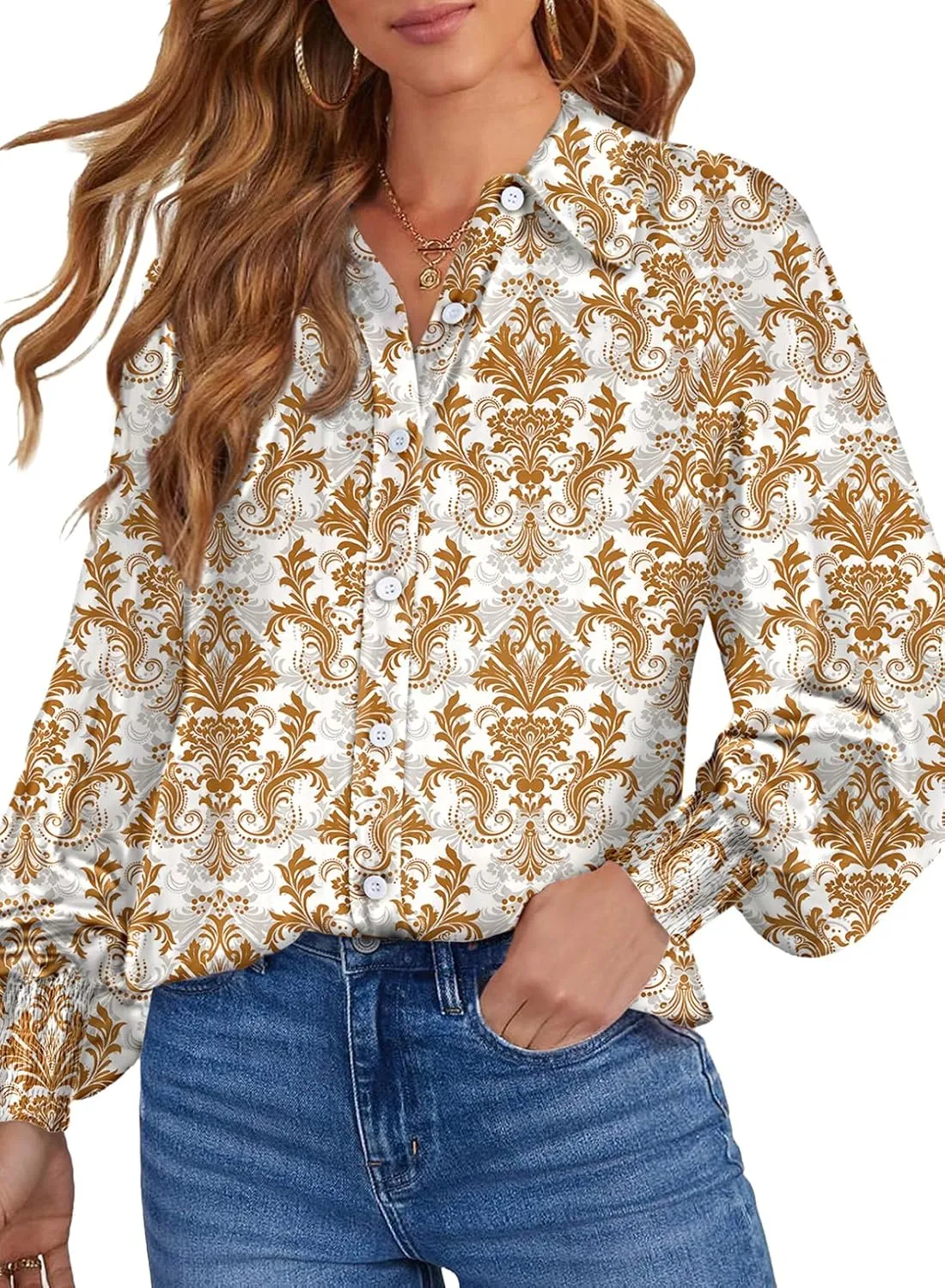Dokotoo Women's Casual V Neck Allover Floral Print Long Sleeve Chiffon Button Down Blouses Bohemian Top Shirts