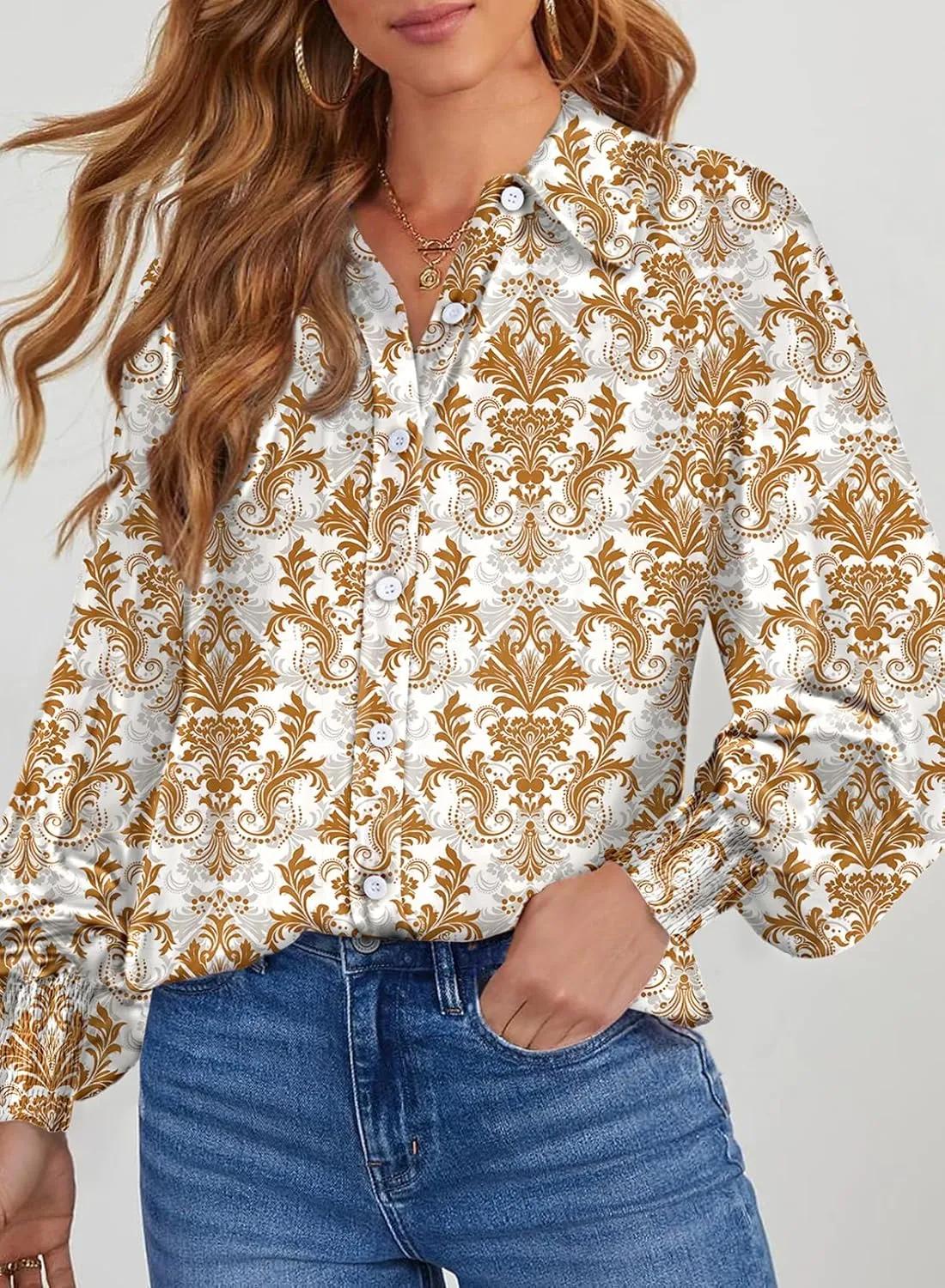 Dokotoo Women's Casual V Neck Allover Floral Print Long Sleeve Chiffon Button Down Blouses Bohemian Top Shirts