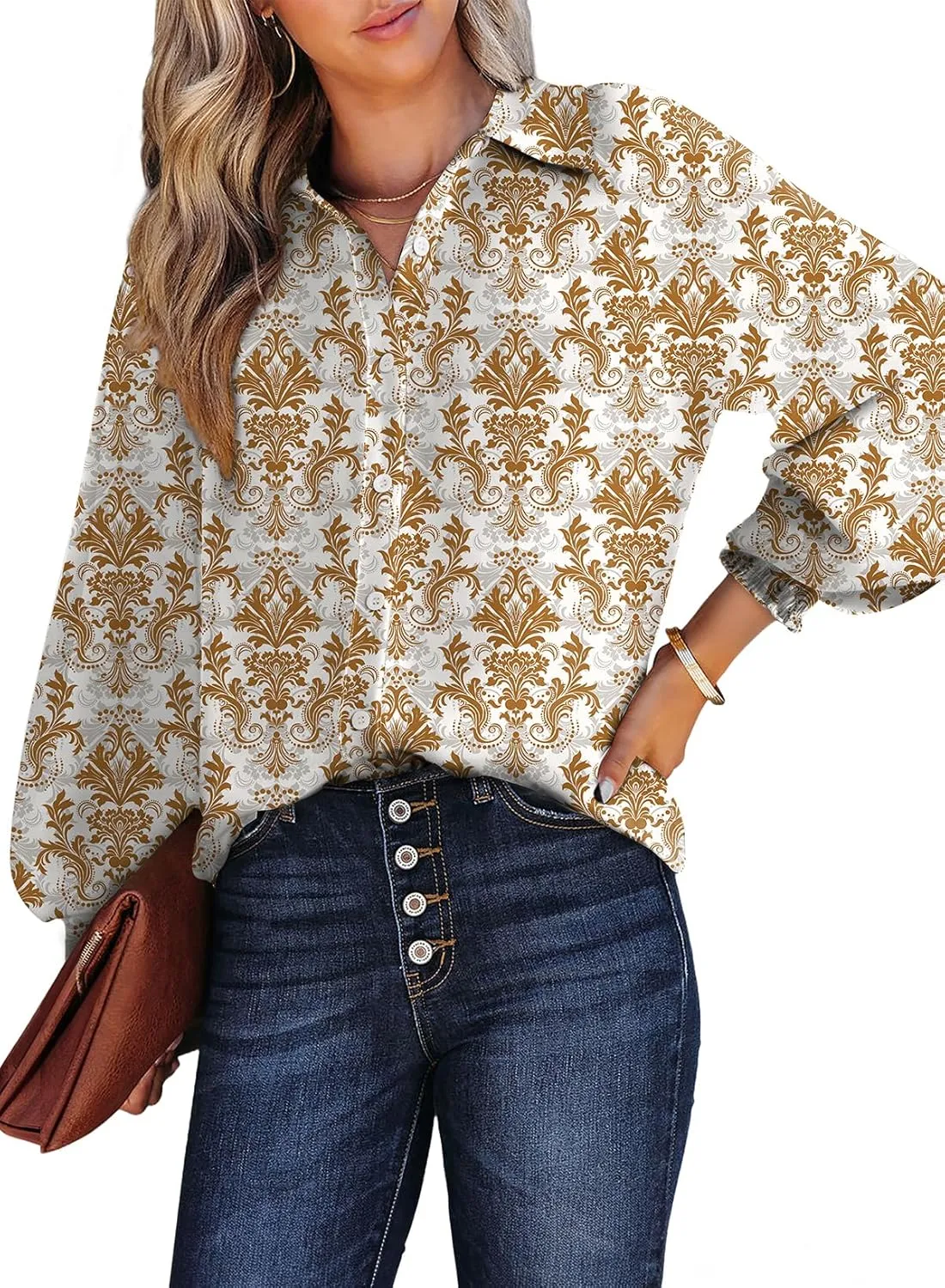 Dokotoo Women's Casual V Neck Allover Floral Print Long Sleeve Chiffon Button Down Blouses Bohemian Top Shirts
