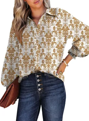 Dokotoo Women's Casual V Neck Allover Floral Print Long Sleeve Chiffon Button Down Blouses Bohemian Top Shirts