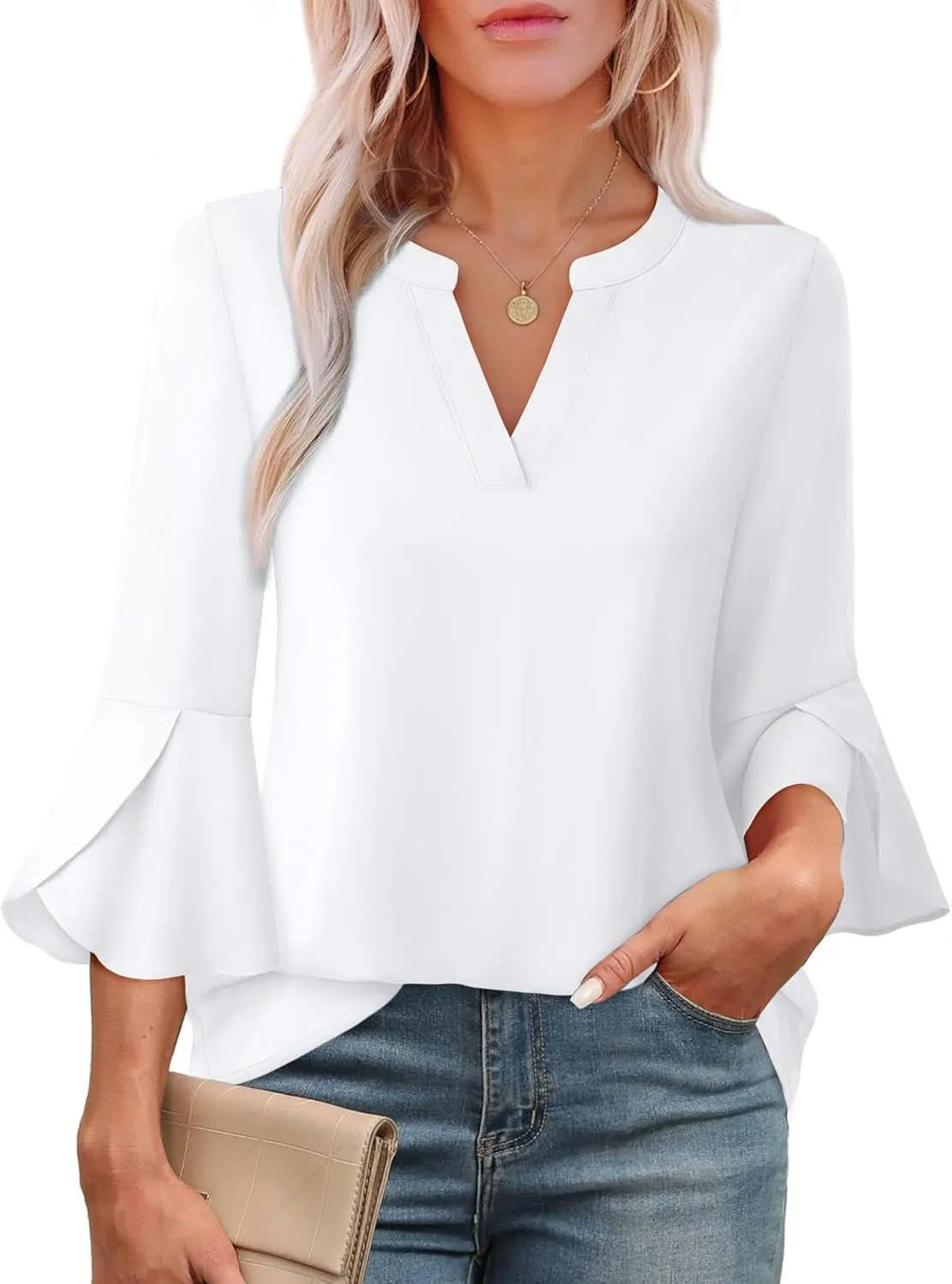 Gaharu Women's Work Blouses Ruffle 3/4 Sleeve Dressy Top V Neck Casual Chiffon Tunic Blouses Business Shirts