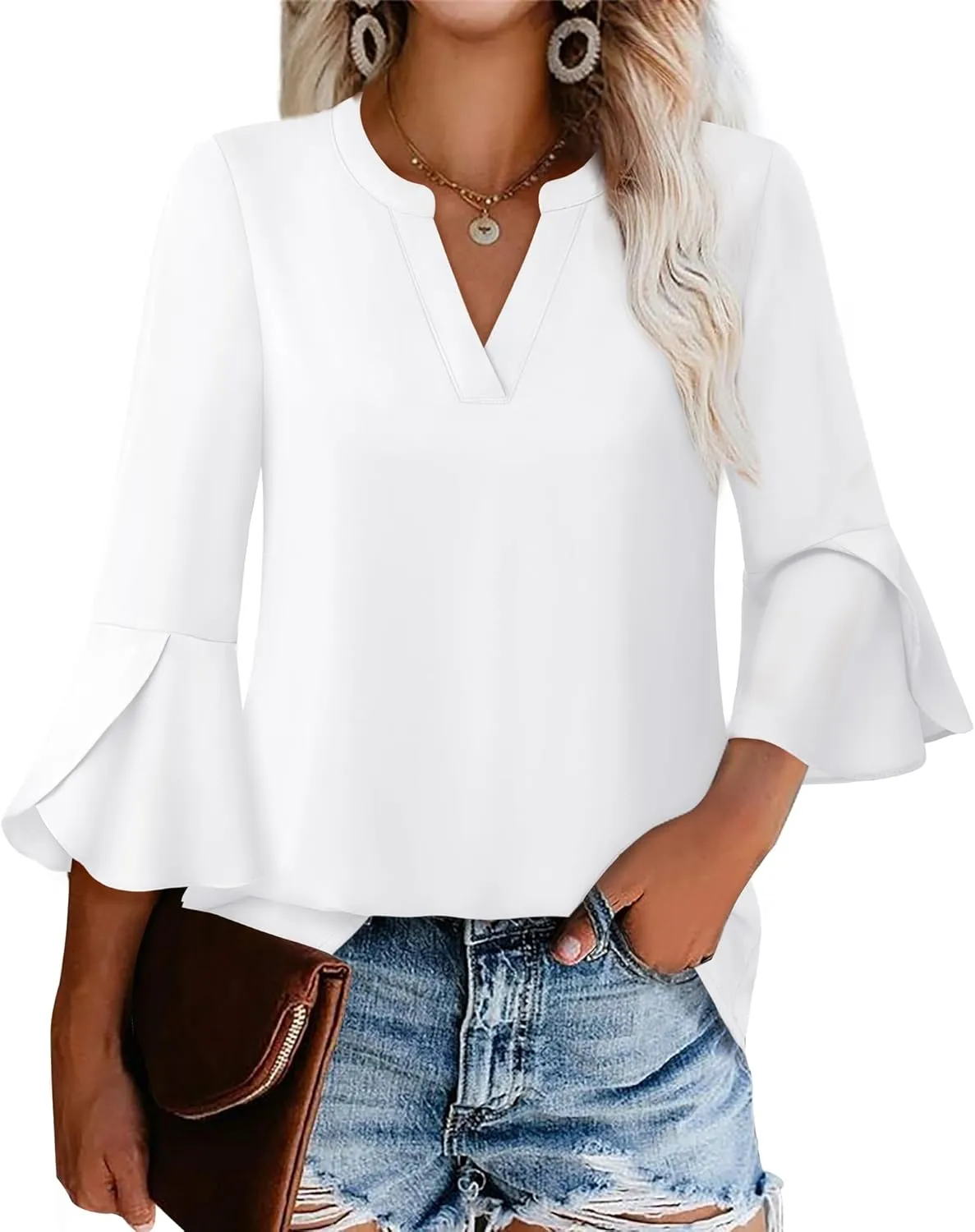 Gaharu Women's Work Blouses Ruffle 3/4 Sleeve Dressy Top V Neck Casual Chiffon Tunic Blouses Business Shirts