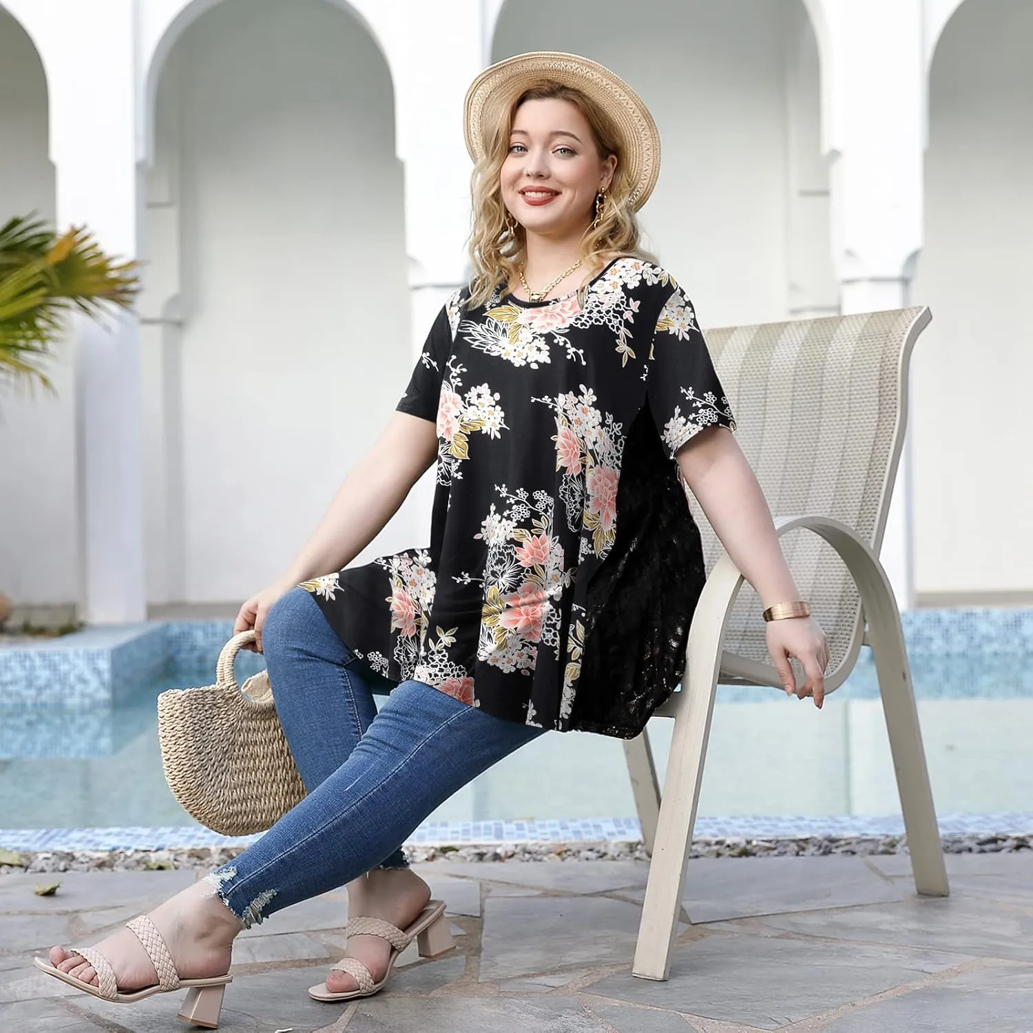LARACE Plus Size Spring Summer Tunics Tops Short Sleeve Shirts Flowy Lace Tops Wrinkle Free Blouses for Women Dressy Casual