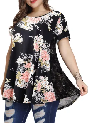 LARACE Plus Size Spring Summer Tunics Tops Short Sleeve Shirts Flowy Lace Tops Wrinkle Free Blouses for Women Dressy Casual