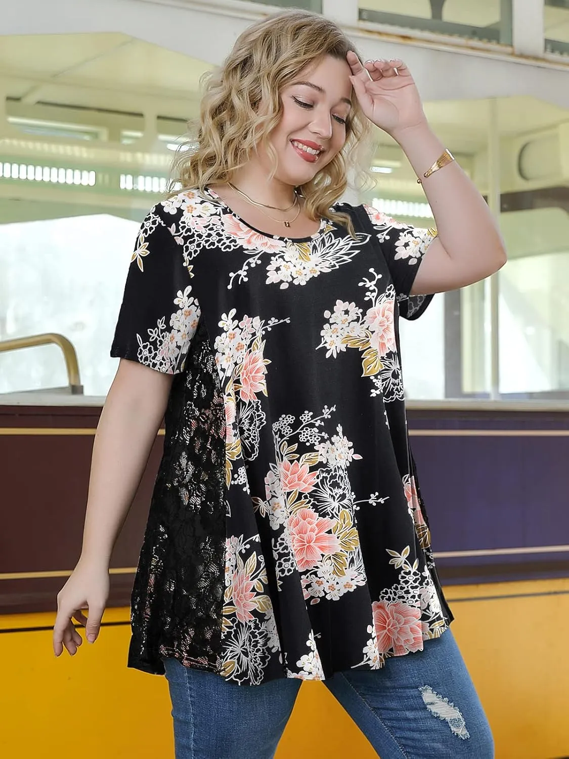 LARACE Plus Size Spring Summer Tunics Tops Short Sleeve Shirts Flowy Lace Tops Wrinkle Free Blouses for Women Dressy Casual