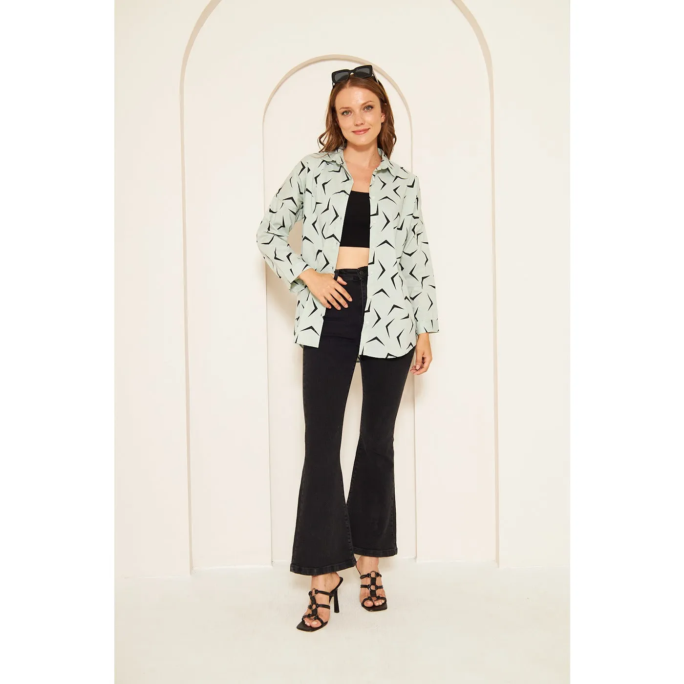 Light Green Patterned Oversized Shirt
