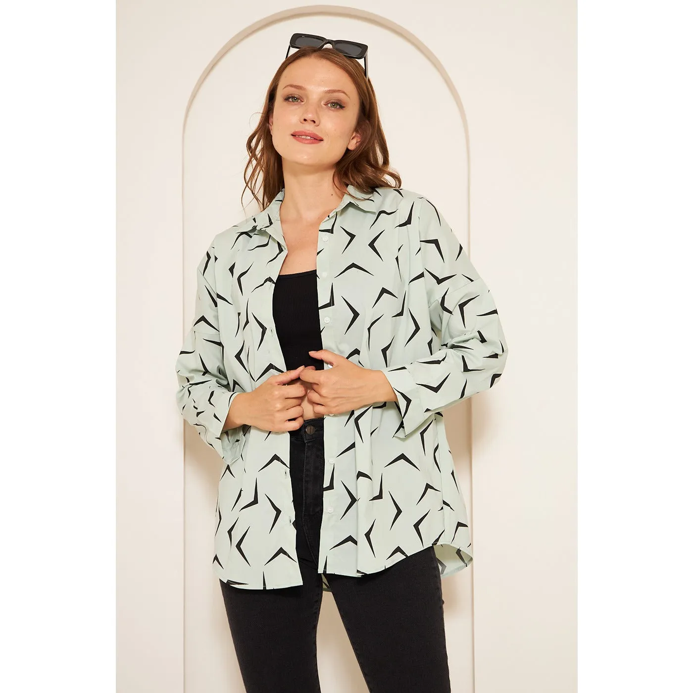 Light Green Patterned Oversized Shirt