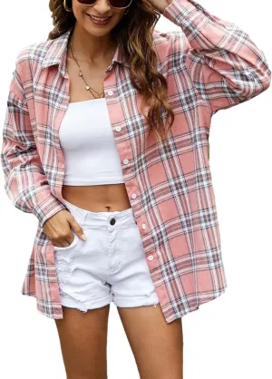 Lumister Oversized Flannel Shirt Women Long Sleeve Plaid Button Buffalo Shirt Blouse Tops with One Pocket