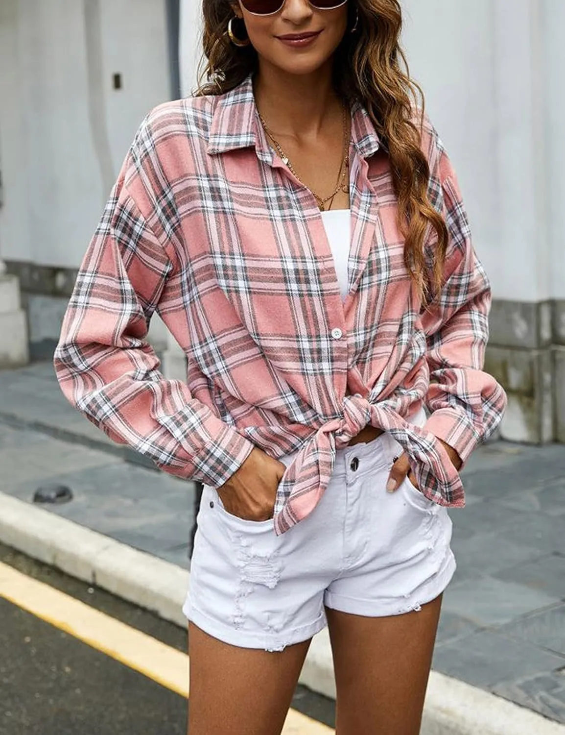 Lumister Oversized Flannel Shirt Women Long Sleeve Plaid Button Buffalo Shirt Blouse Tops with One Pocket