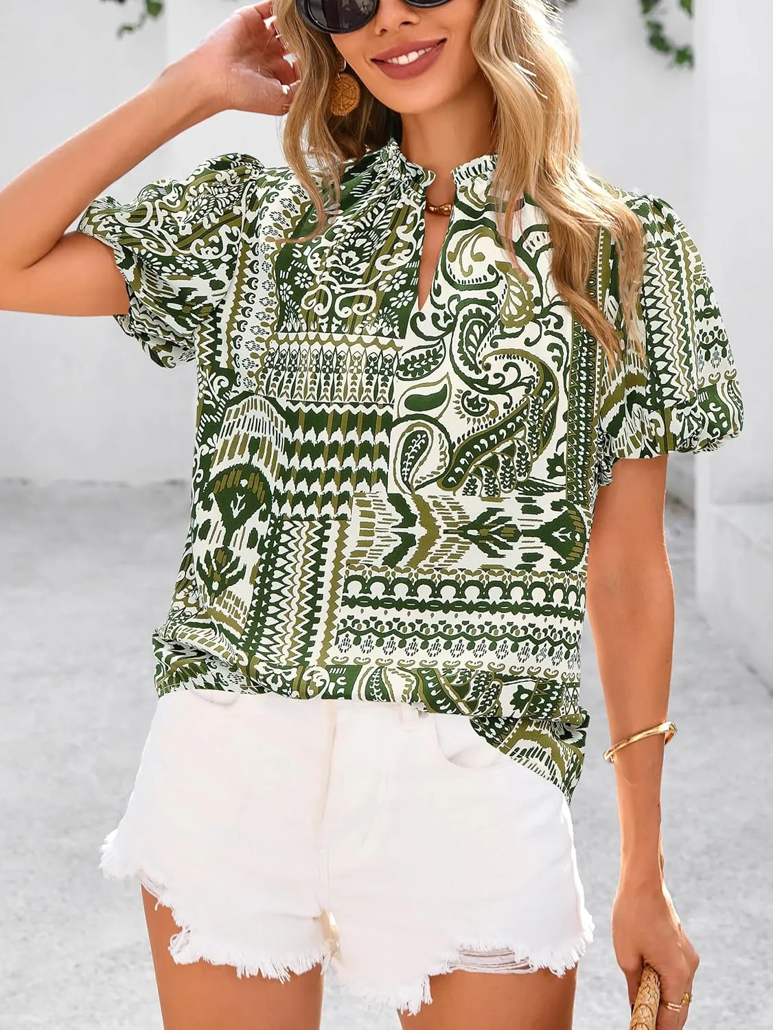 MASCOMODA Boho Short Sleeve Floral Work Blouses for Women Dressy Casual V Neck Puff Sleeve Loose Chiffon Flowy Tops Shirts