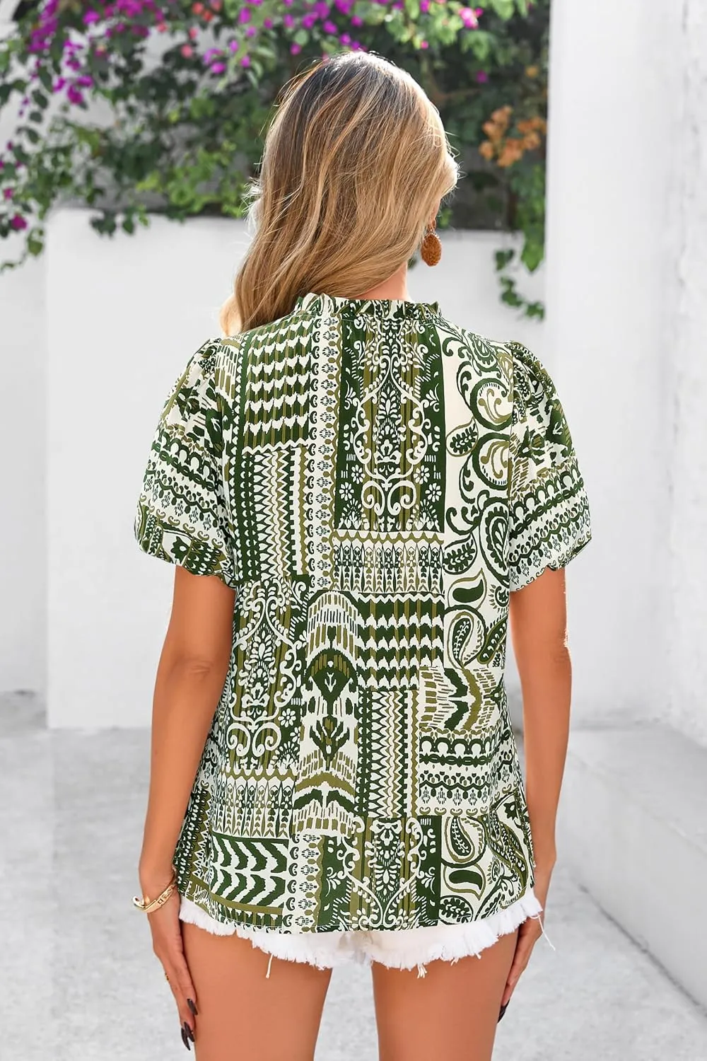 MASCOMODA Boho Short Sleeve Floral Work Blouses for Women Dressy Casual V Neck Puff Sleeve Loose Chiffon Flowy Tops Shirts