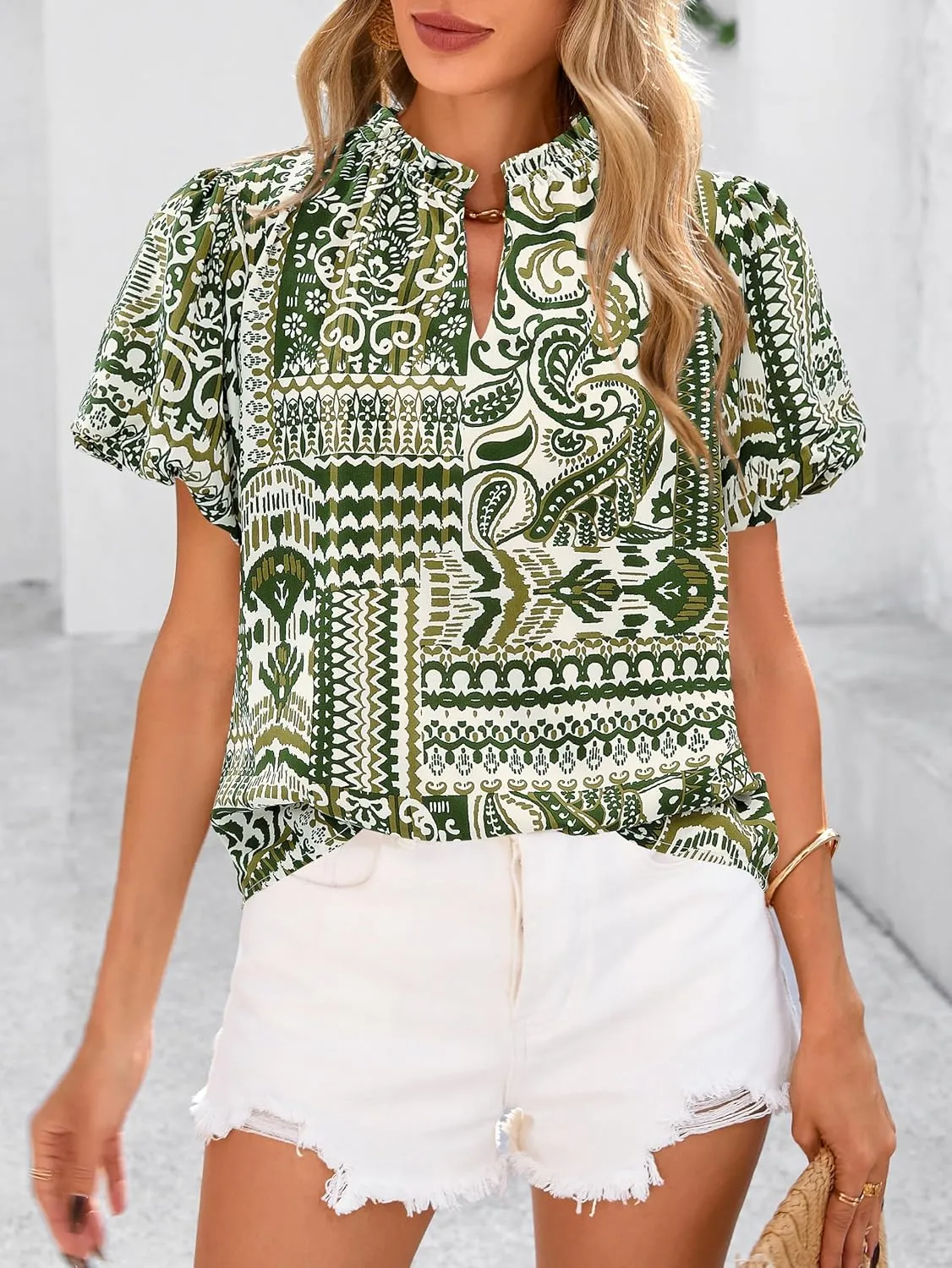 MASCOMODA Boho Short Sleeve Floral Work Blouses for Women Dressy Casual V Neck Puff Sleeve Loose Chiffon Flowy Tops Shirts