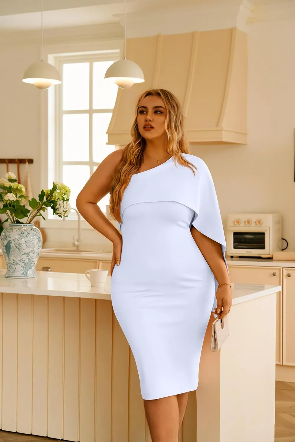 Memoriesea Women's Elegant One Shoulder Ruffle Bodycon Cocktail Party Midi Dress