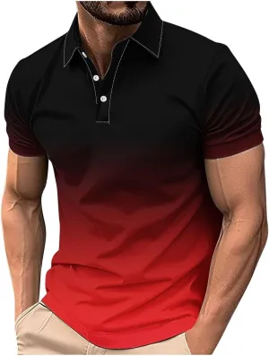 Mens Casual Polo Shirts Gradient Color Button up Short Sleeve T-Shirt Novelty Summer Fitness Gym Athletic Active Tops