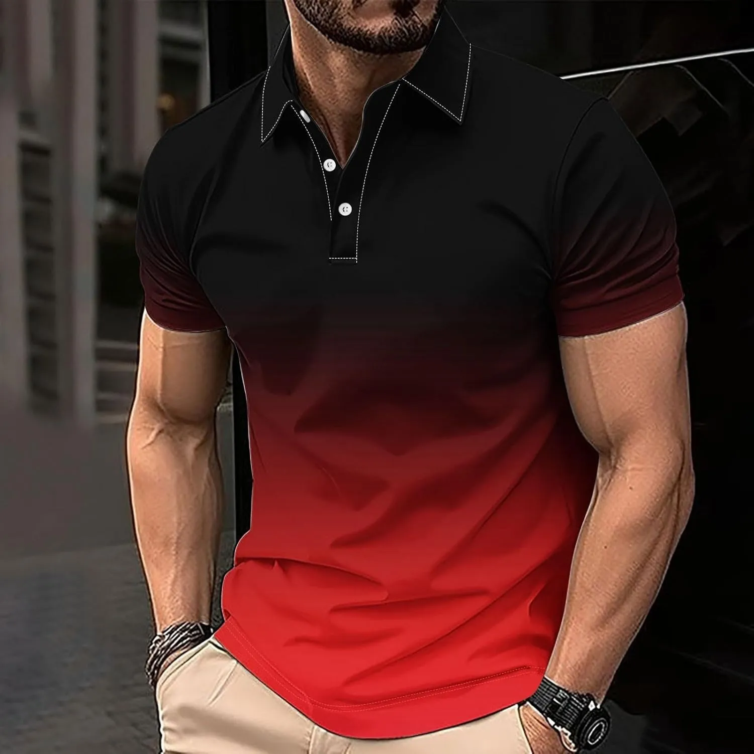 Mens Casual Polo Shirts Gradient Color Button up Short Sleeve T-Shirt Novelty Summer Fitness Gym Athletic Active Tops