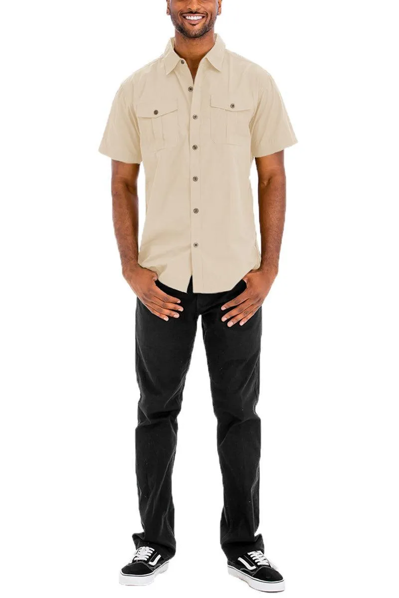 Mens Khaki Two Pocket Button Down Shirt