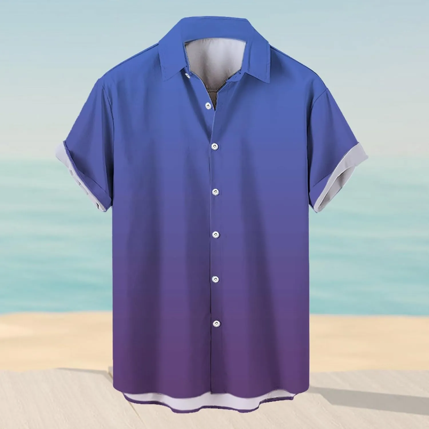 Mens Short Sleeve Button Down Shirts Casual Gradient Collarled T-Shirts Lightweight Summer Hawaiian Beach Hippie Tops